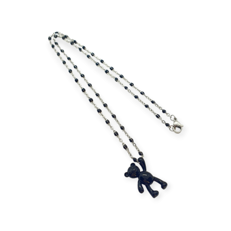 necklace silverchain with black beads and black bear2